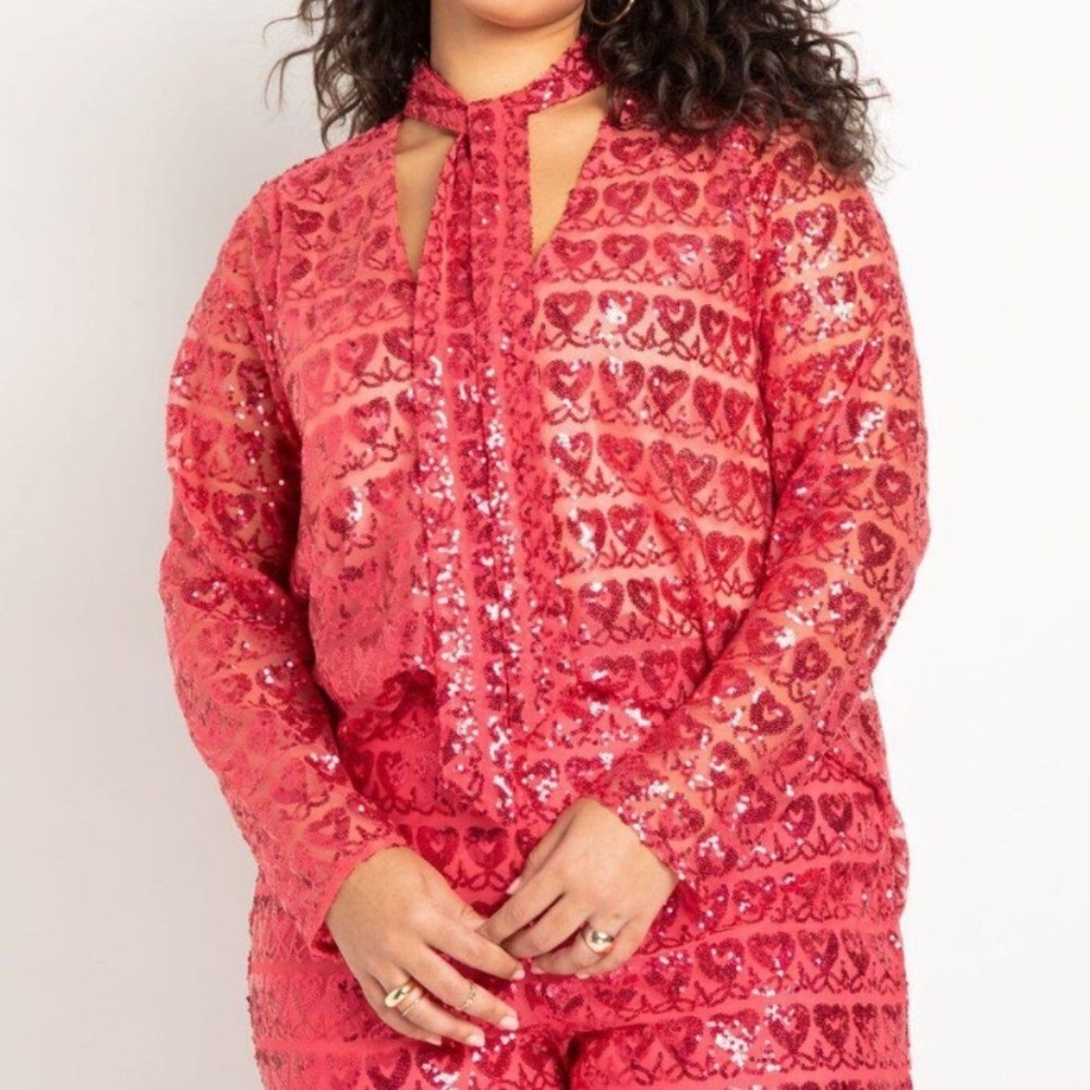 ELOQUII Pink Sequin Heart Long-sleeve Top
